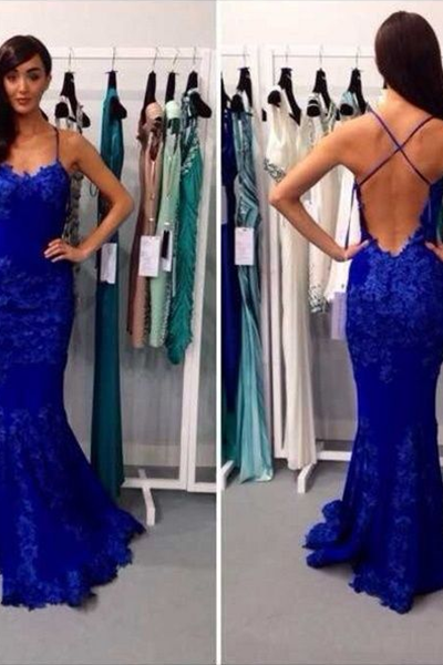Royal Blue Lace Plunge V Spaghetti Straps Floor Length Mermaid Formal Dress Featuring Criss-Cross Open Back, Prom Dress 