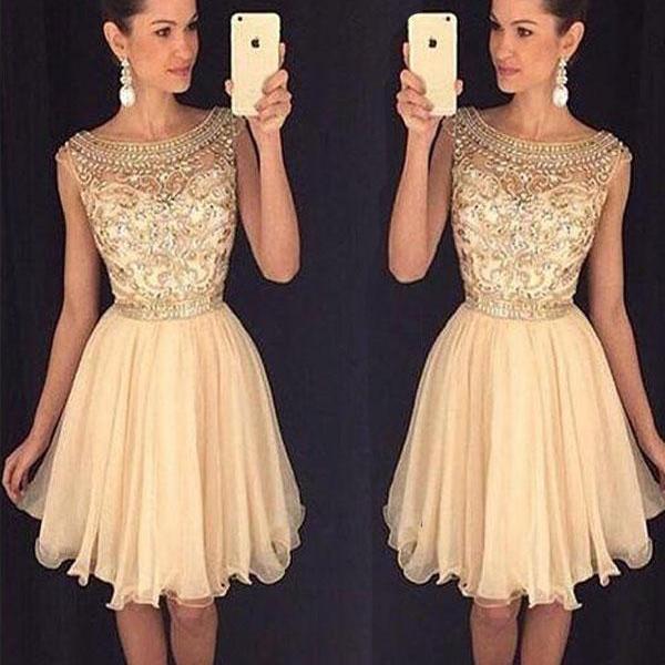 Fashion Scoop A-line Beading Champagne Short Homecoming Dress,PD962 on ...
