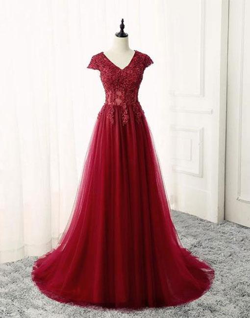 Burgundy V Neck Lace Long Prom Dress, Burgundy Evening Dress on Luulla