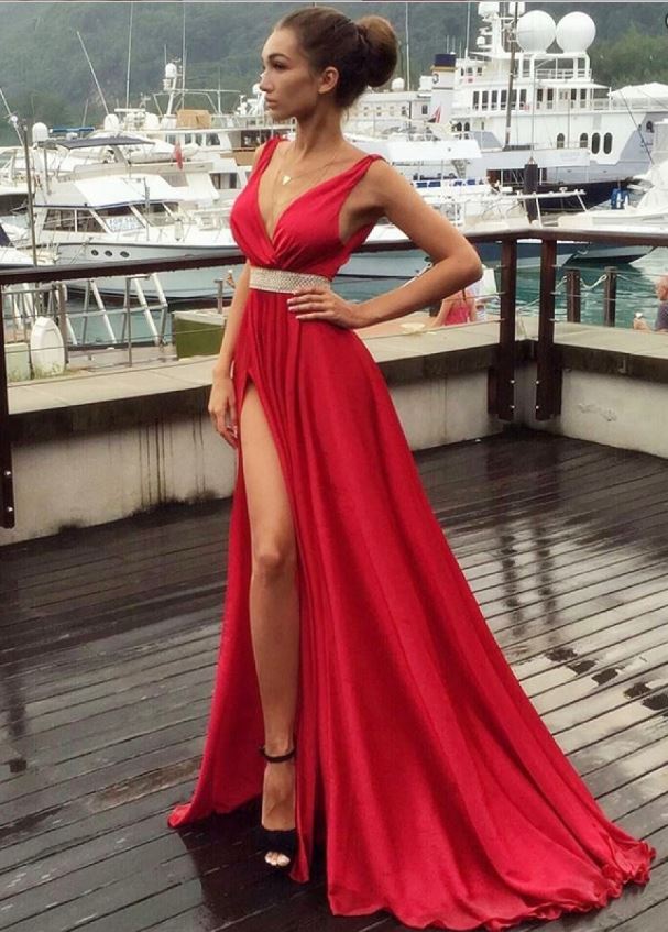 A-line V-neck Sleeveless Split Sweep Train Red Prom Evening Dress With ...